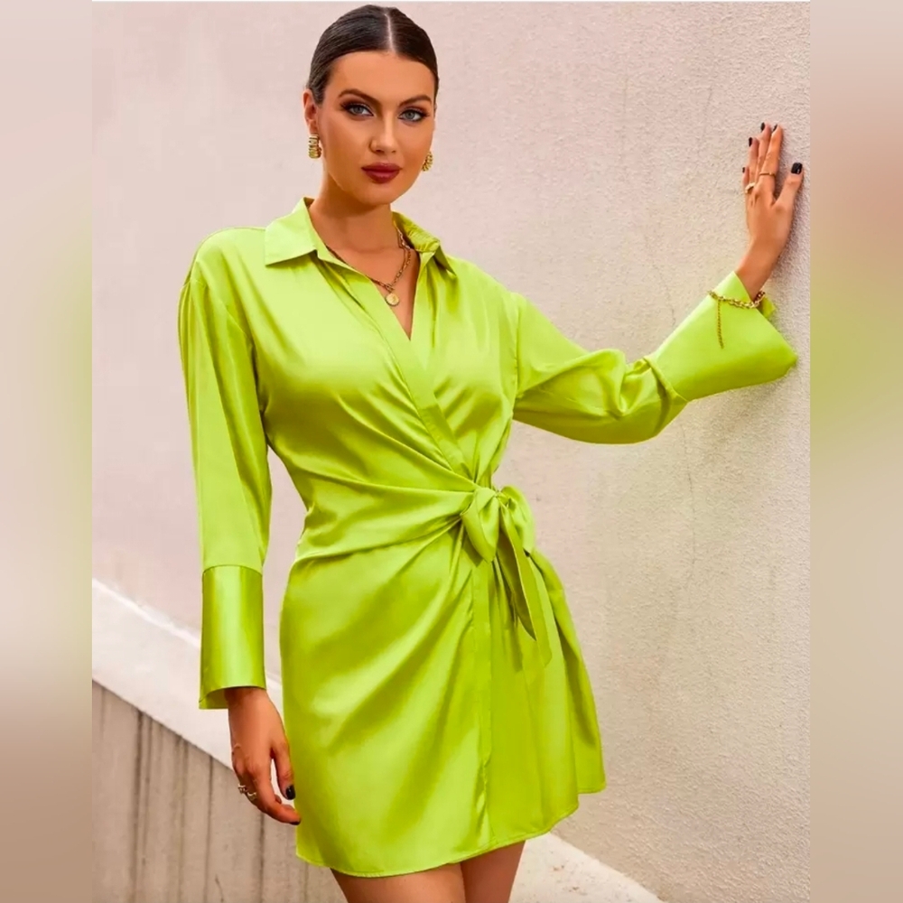 NWOT Shein Aveloria Drop Shoulder Knot Side Satin Dress Workwear, Medium